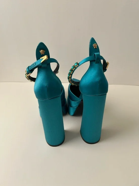 Versace Teal Satin Pointed Toe Platform Pumps with Beaded Ankle Straps - Picture 3 of 3